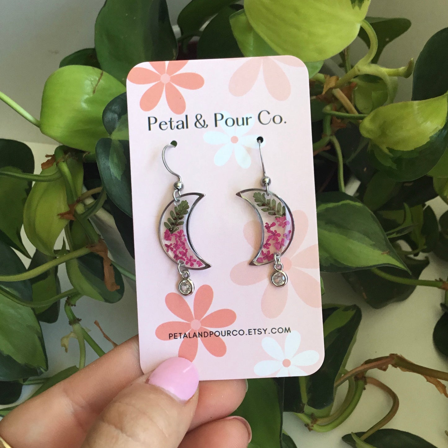 Real Flower Crescent Earring