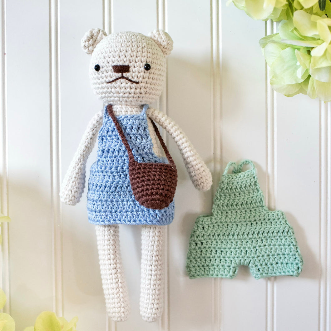 Crochet Doll Set (White Bear+Light Blue Skirt+Light Green Pants)
