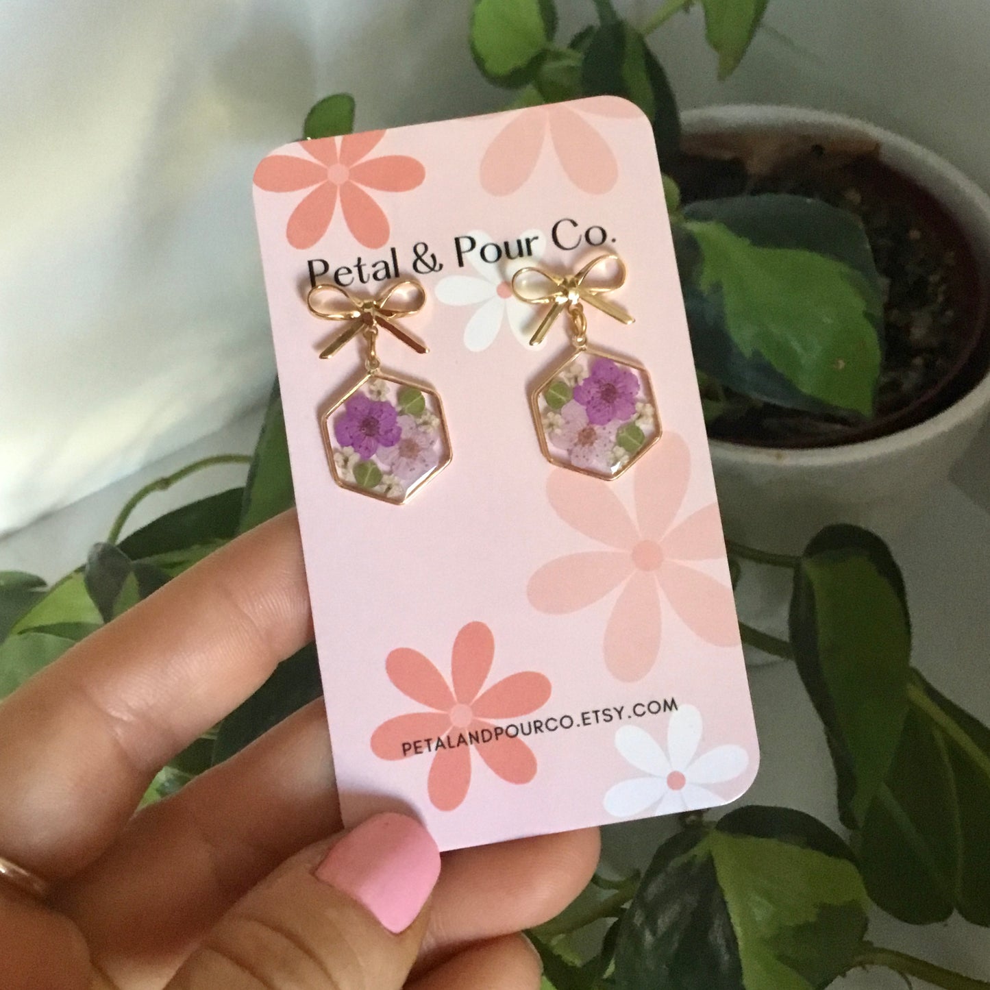 Real Flower Hexagon Earring