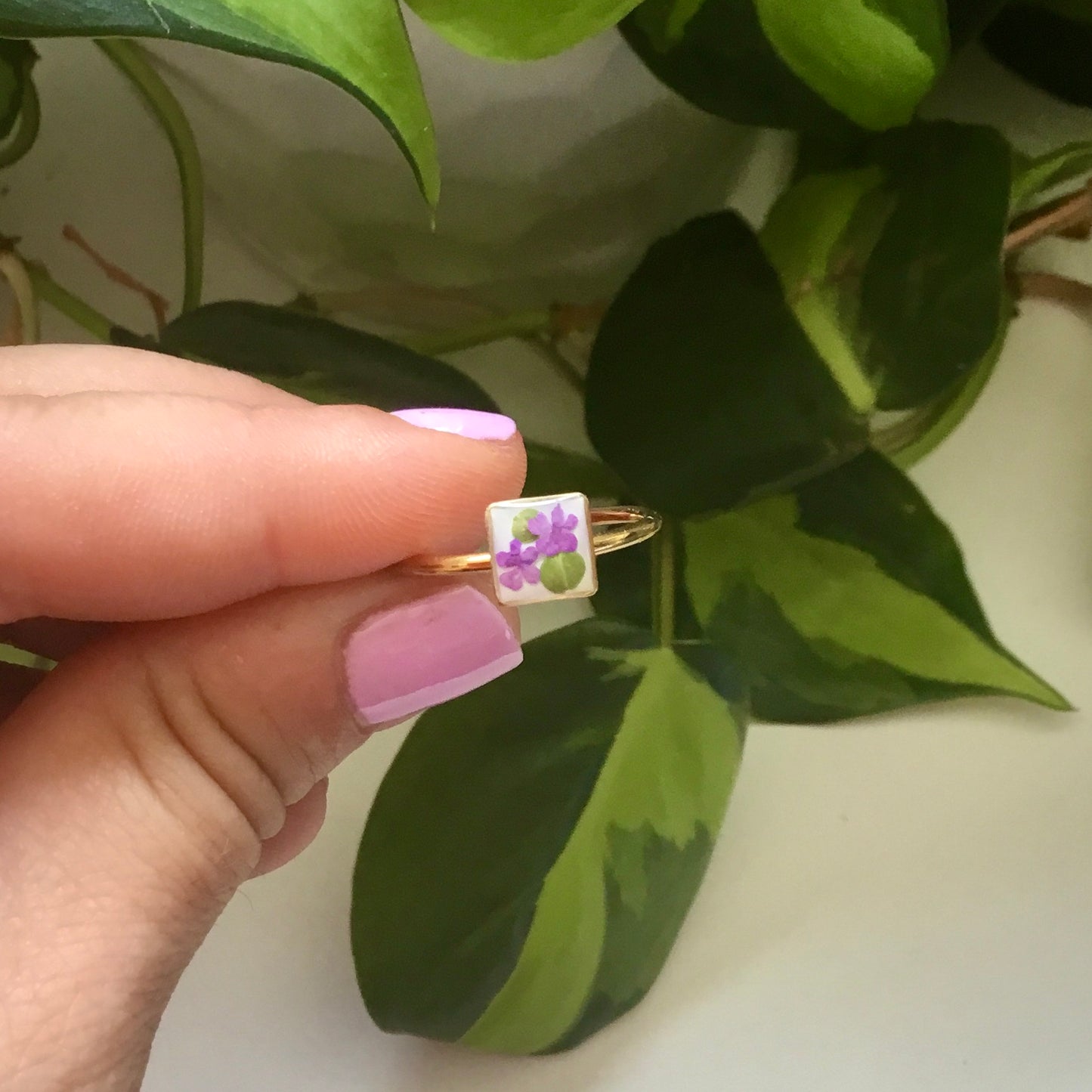 Real Flower Dainty Square Ring