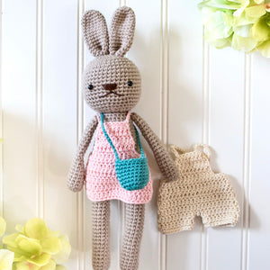 Crochet Doll Set (Dark Brown Bunny+Light Pink Skirt+White Pants)