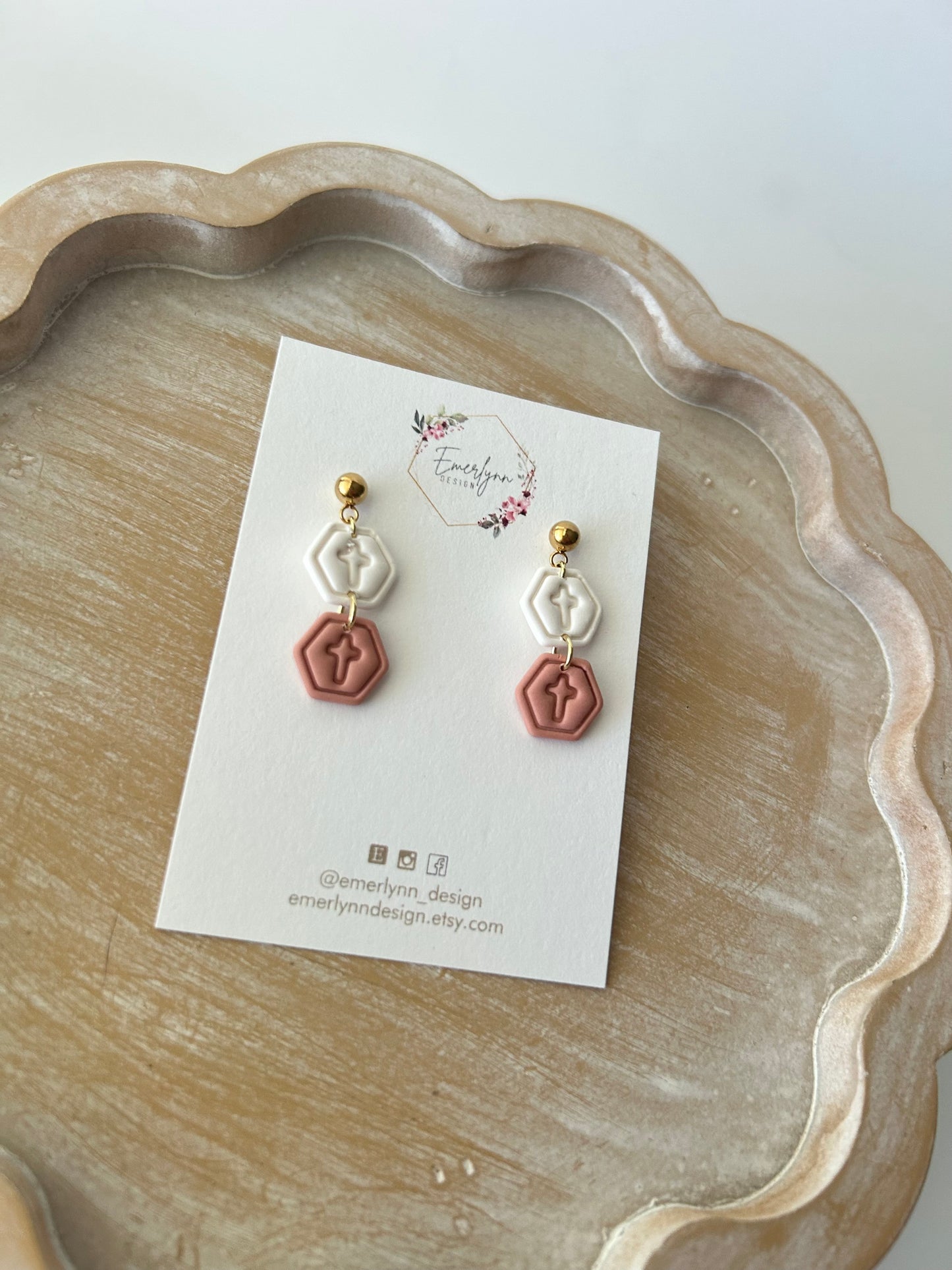 White/Dusty Rose Cross Earrings
