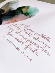 1 Corinthians 13 Bible verse wall art, alcohol ink abstract painting