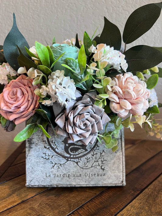 Sola wood floral arrangement in metal tin