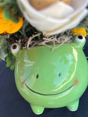 Sola wood flowers in green frog container