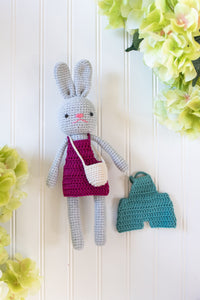 Crochet Doll Set (Gray Bunny+Dark Pink Skirt+Dark Green Pants)
