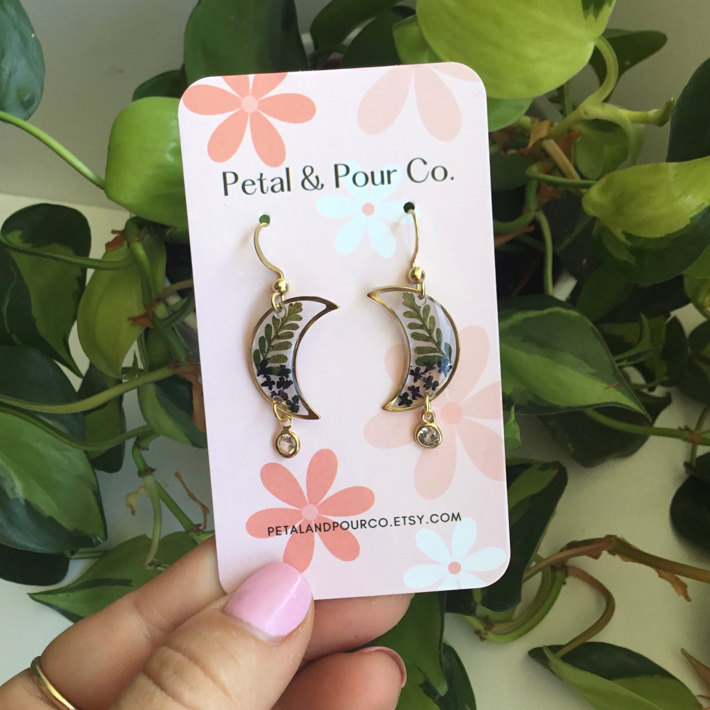 Real Flower Crescent Earring