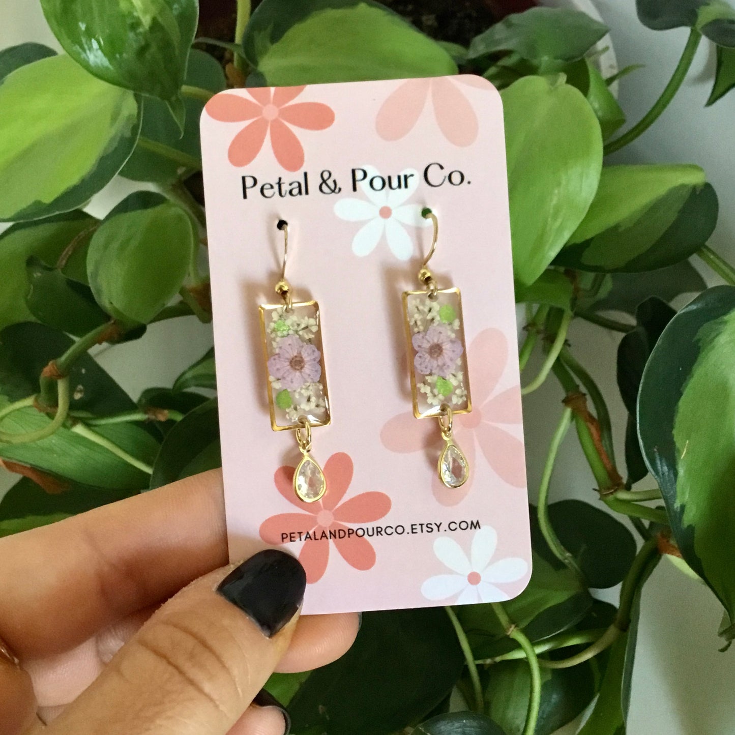 Real Flower Rectangle Earring