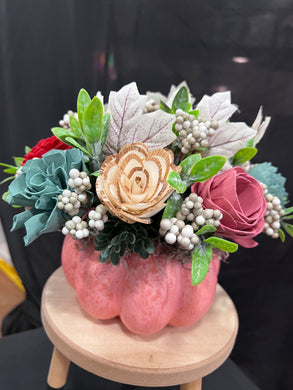 Faux pumpkin with Sola Wood Flowers