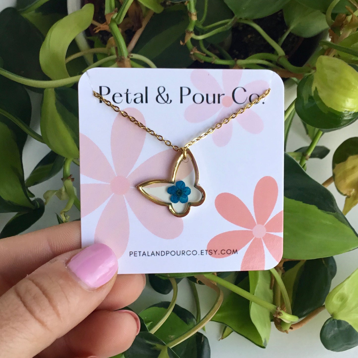 Real Flower Butterfly Necklace