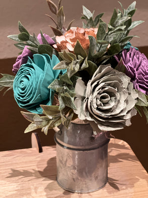 Sola wood flowers in small metal milk jug