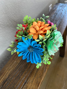 Sola wood flowers in small metal milk jug