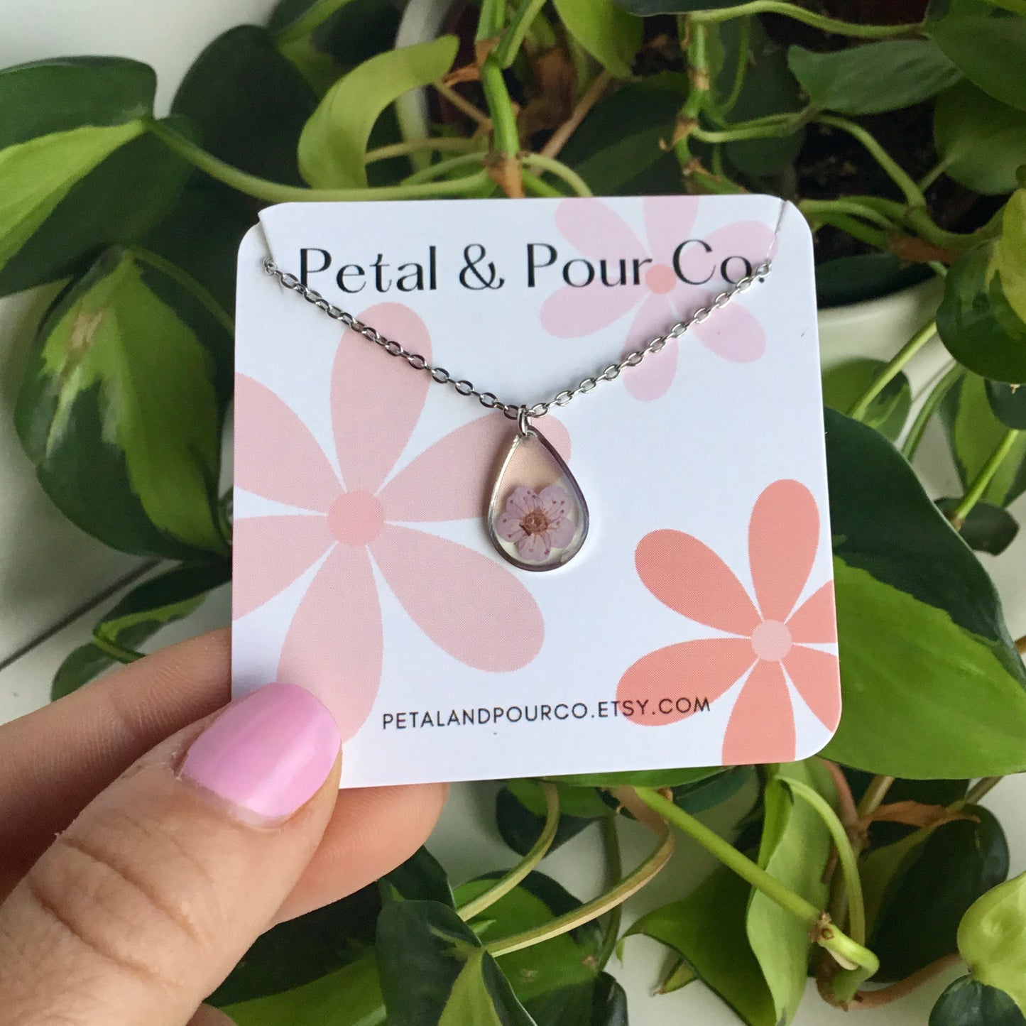 Real Flower Teardrop Necklace (Silver)
