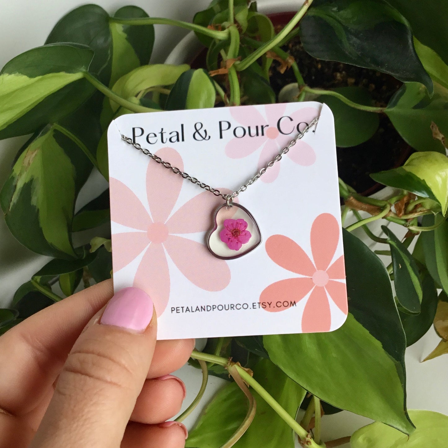 Real Flower Heart Necklace (Silver)