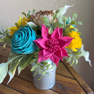 Sola wood flowers in small metal milk jug