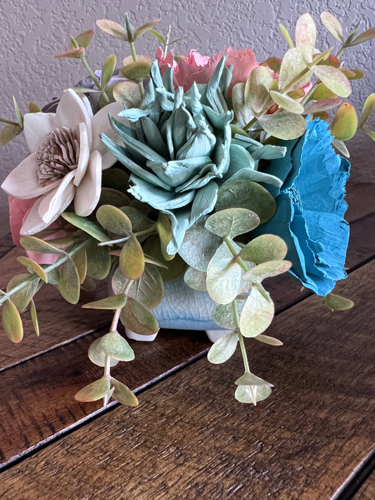 Sola Wood flowers in square ceramic container