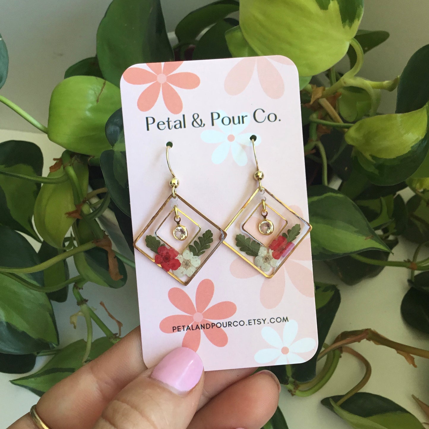 Real Flower Square Dangle Earring