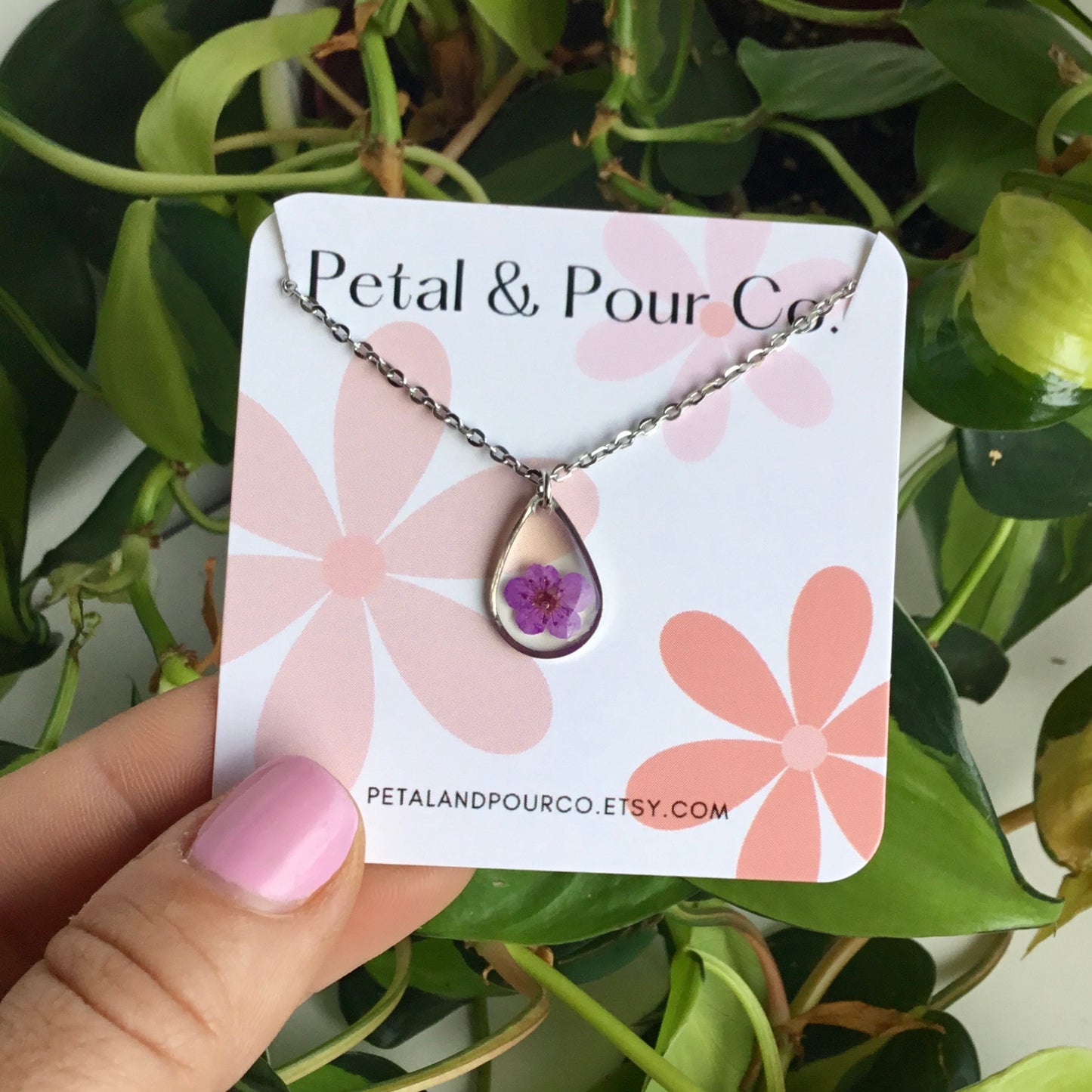 Real Flower Teardrop Necklace (Silver)