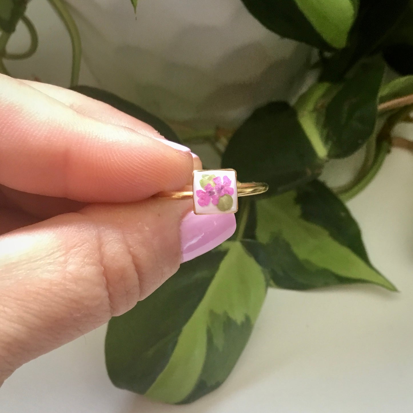 Real Flower Dainty Square Ring