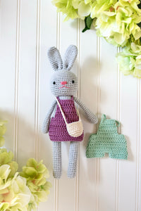 Crochet Doll Set (Gray Bunny+Purple Skirt+Light Green Pants
