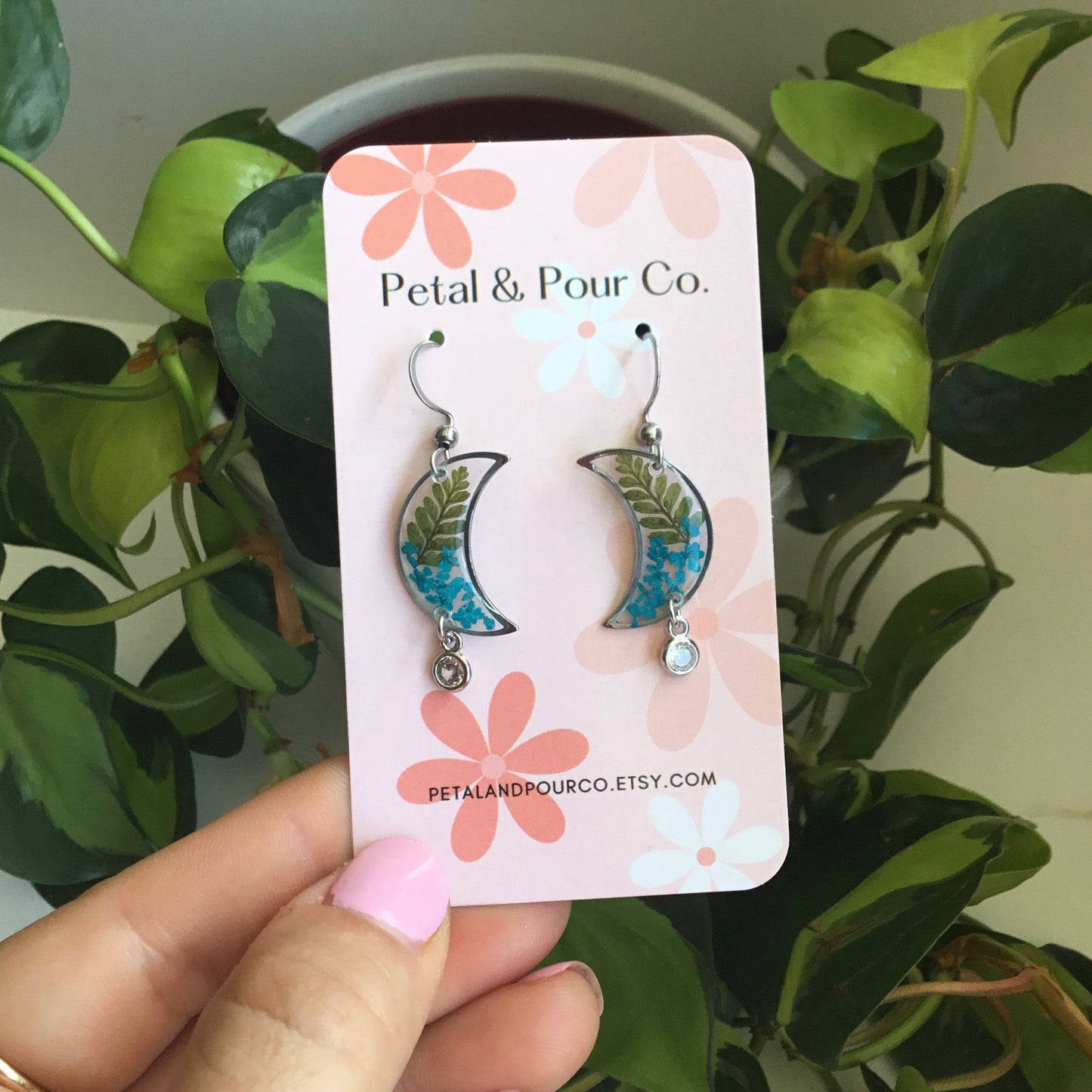 Real Flower Crescent Earring