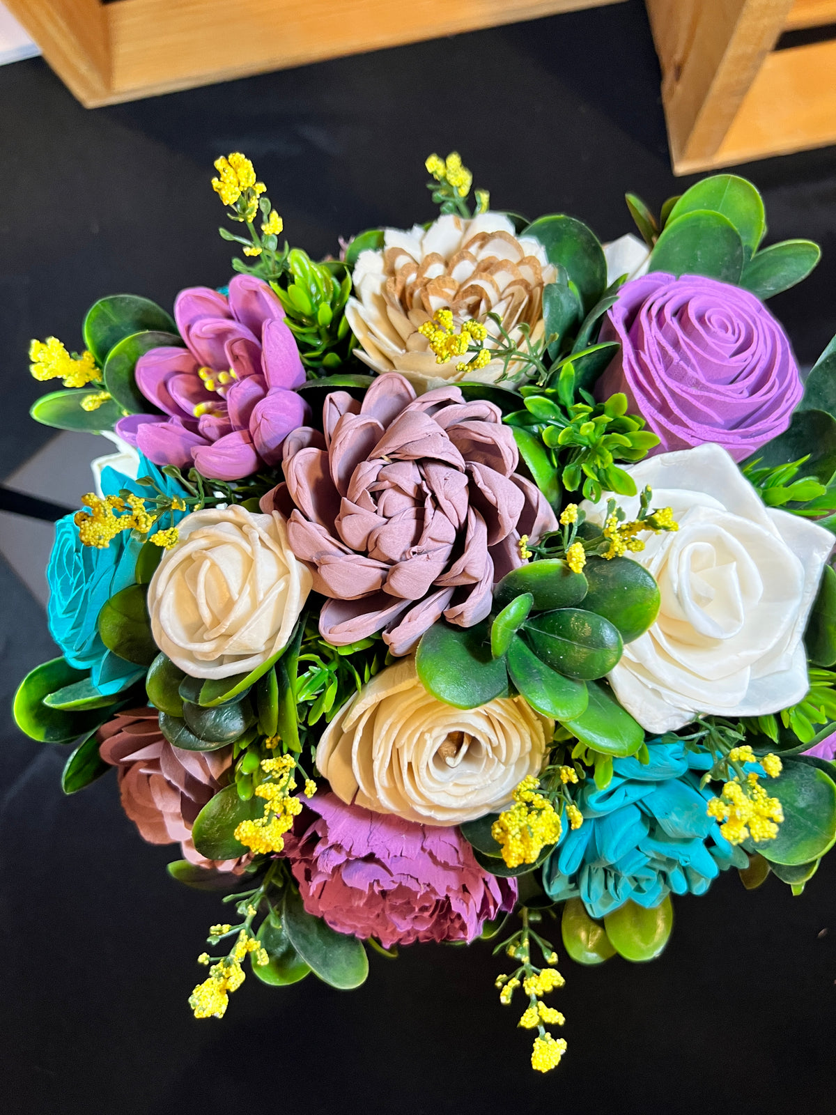 Rustic wood box with Sola Wood flowers