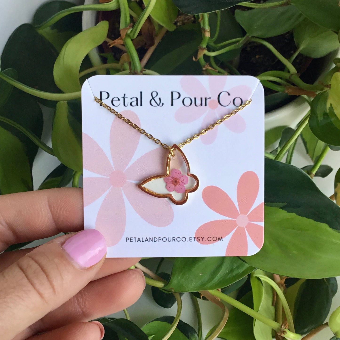 Real Flower Butterfly Necklace