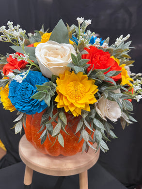 Faux pumpkin with Sola Wood Flowers
