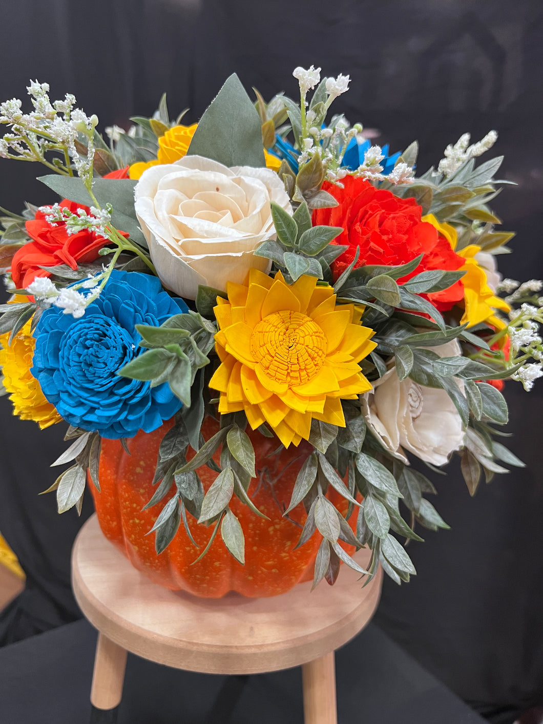 Faux pumpkin with Sola Wood Flowers