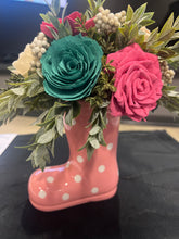 Sola wood floral arrangement in a pink ceramic rain boot