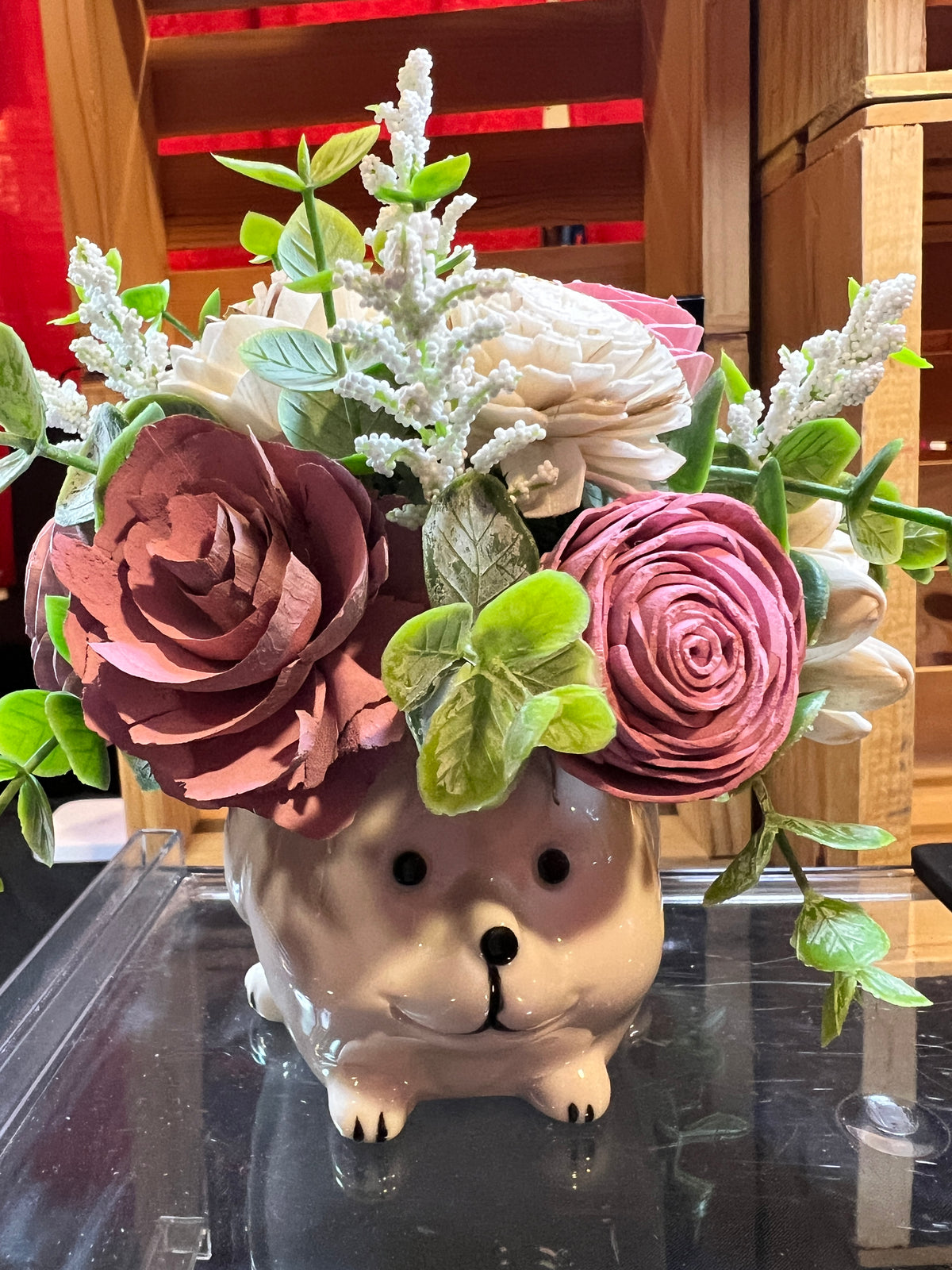 Sola wood flowers in hedgehog ceramic container