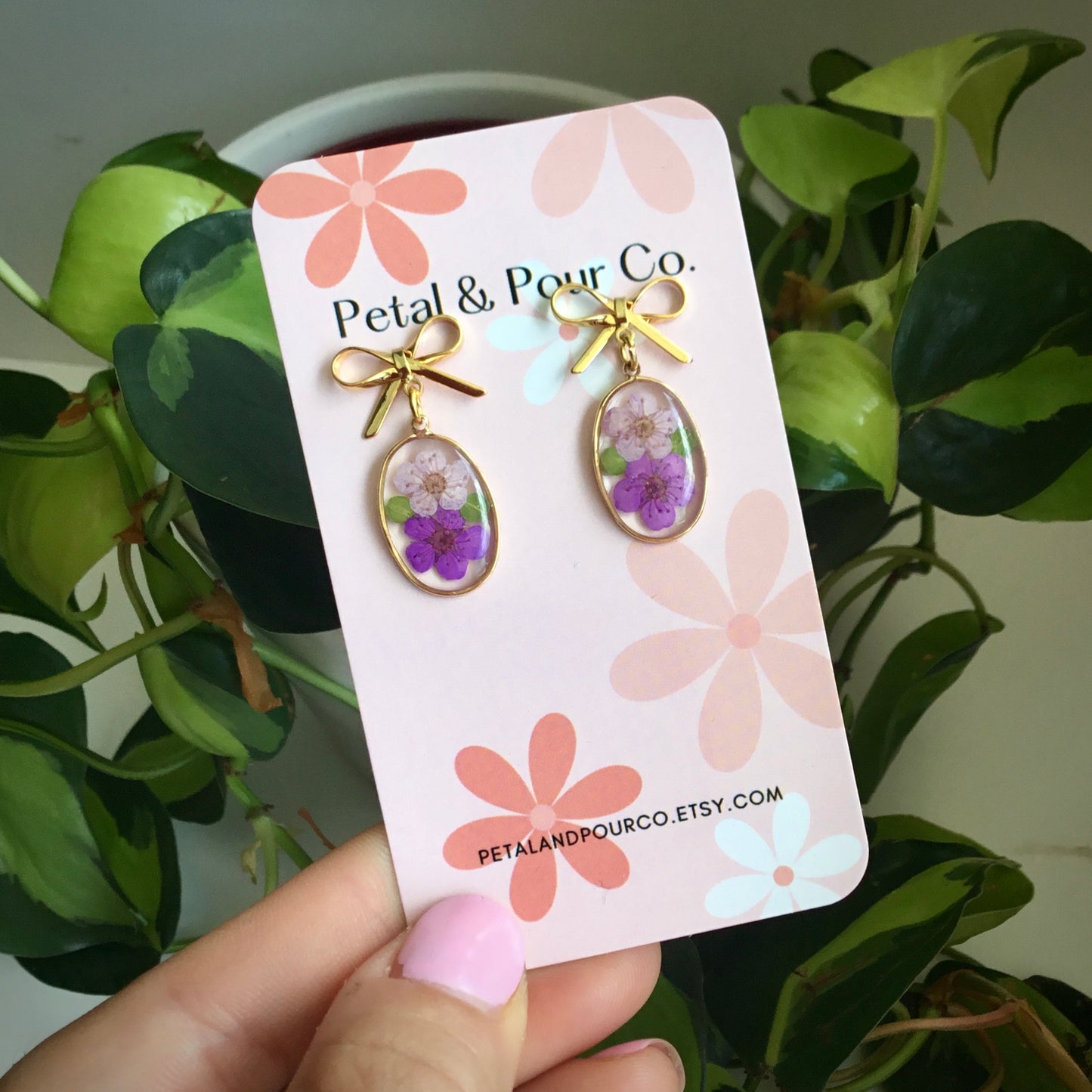 Real Flower Bow Oval Earring