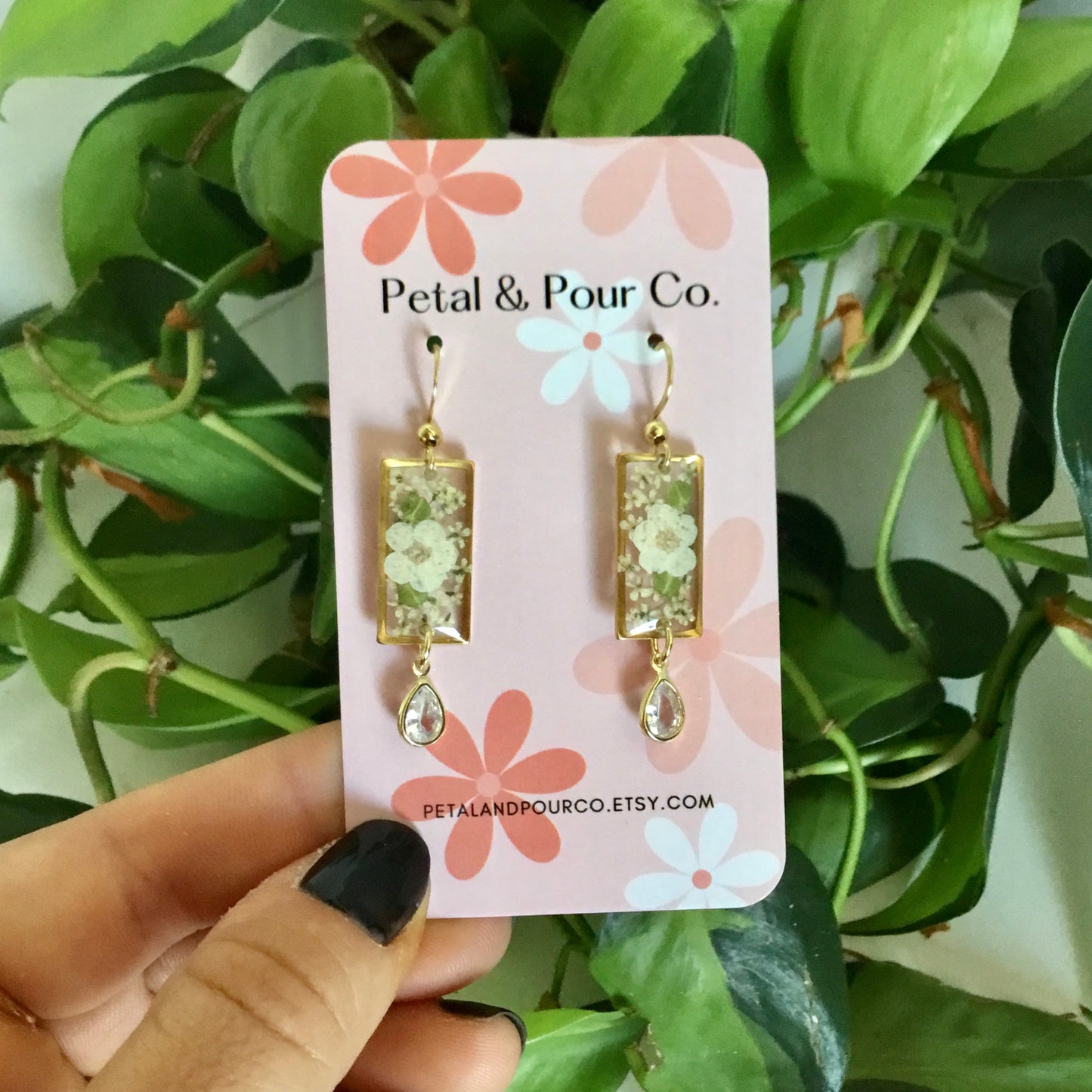 Real Flower Rectangle Earring