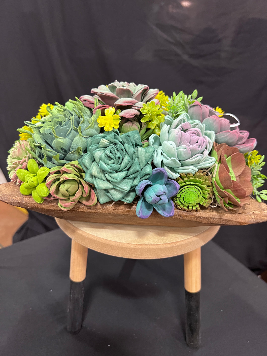 Large Sola Wood succulent flowers arranged in a wood bowl
