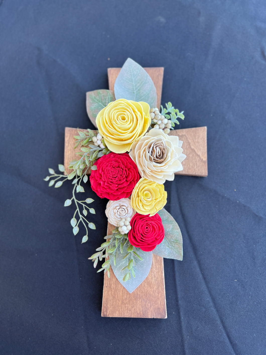 wood cross with sola wood flowers