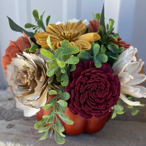 Faux pumpkin with Sola Wood Flowers