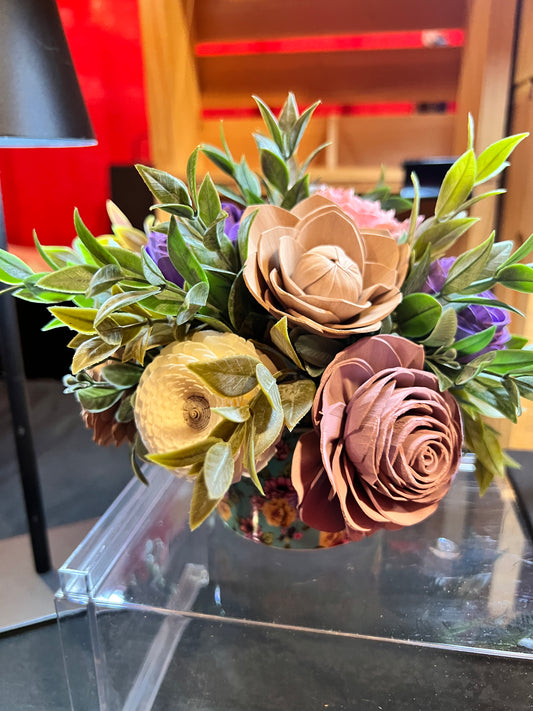 Sola wood flowers in floral ceramic container