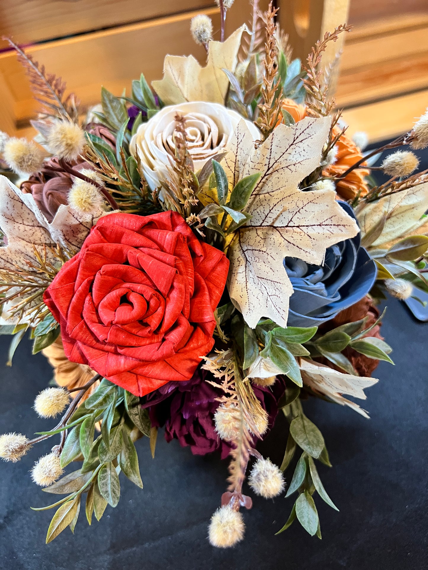 Large fall Sola Wood Floral arrangement in white ceramic container