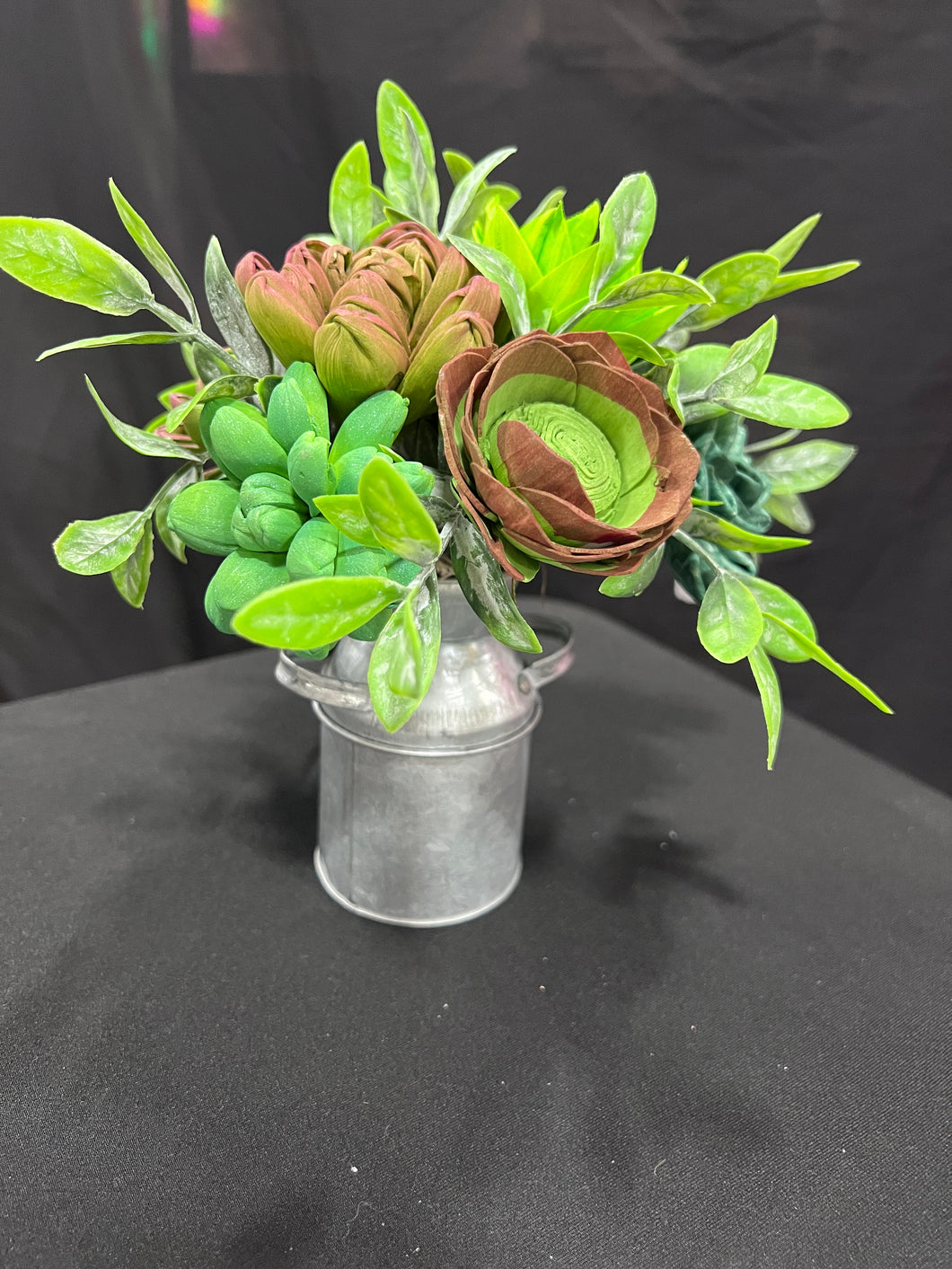 Sola wood flowers in small metal milk jug