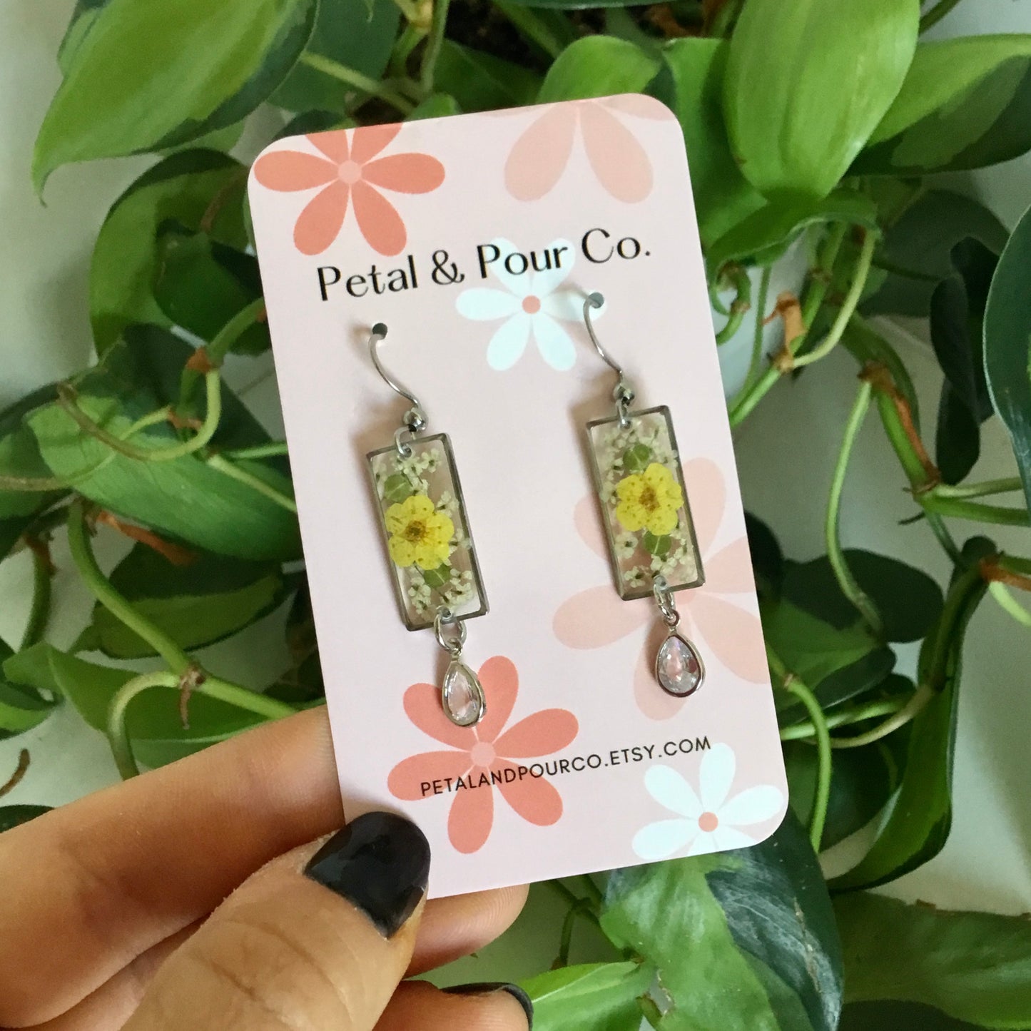 Real Flower Rectangle Earring