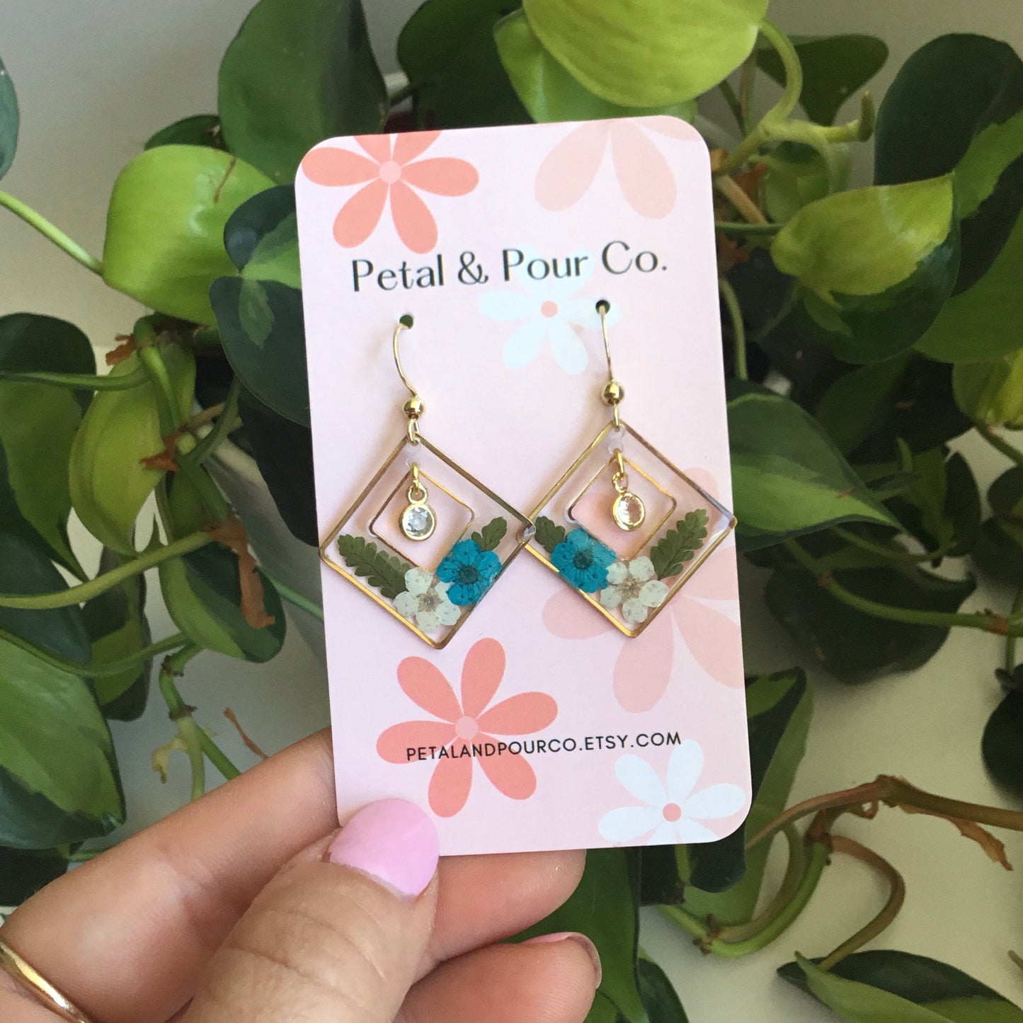Real Flower Square Dangle Earring