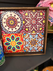 Wood tray with colorful tiles