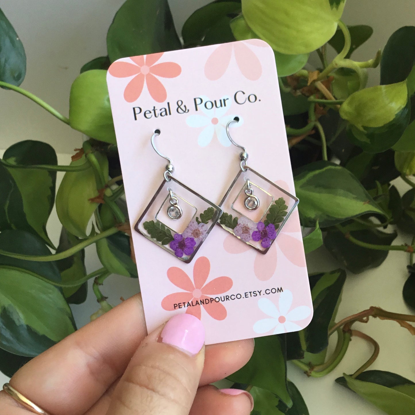 Real Flower Square Dangle Earring