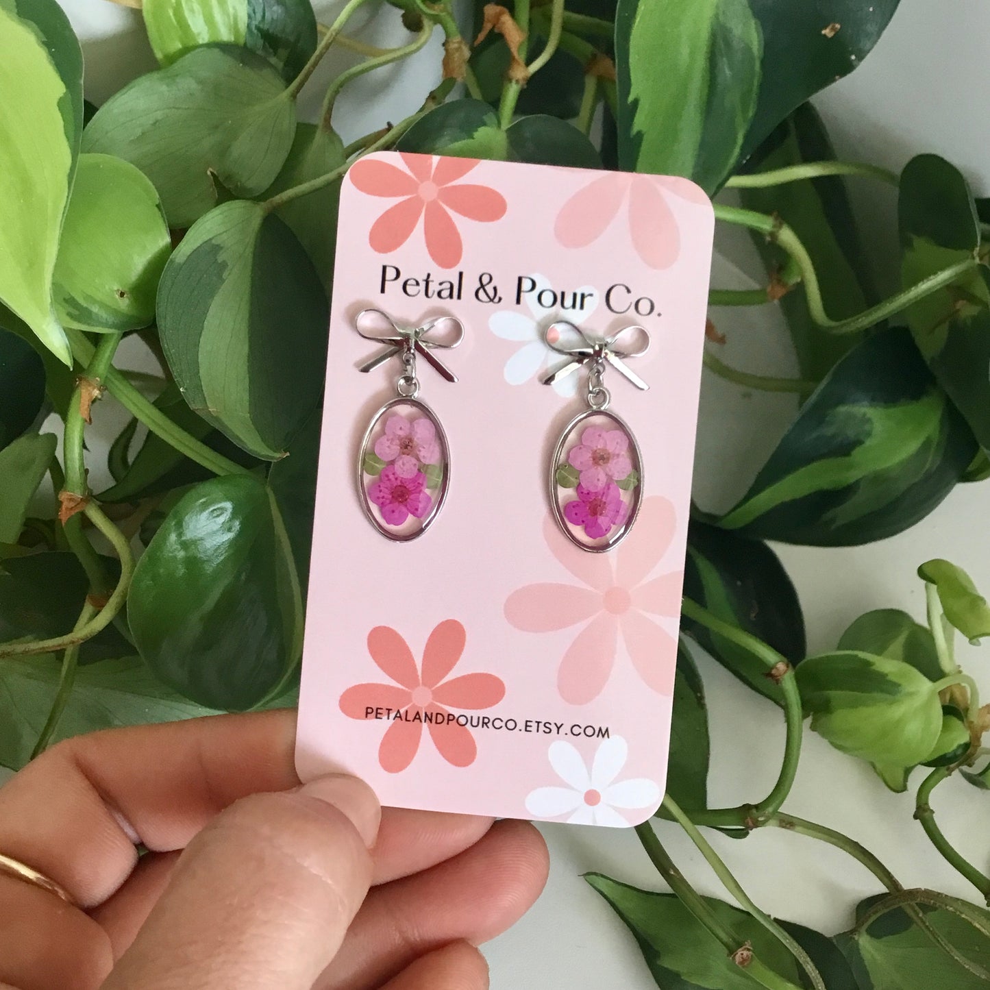 Real Flower Bow Oval Earring