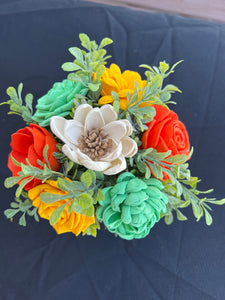 Sola wood flowers in small metal milk jug