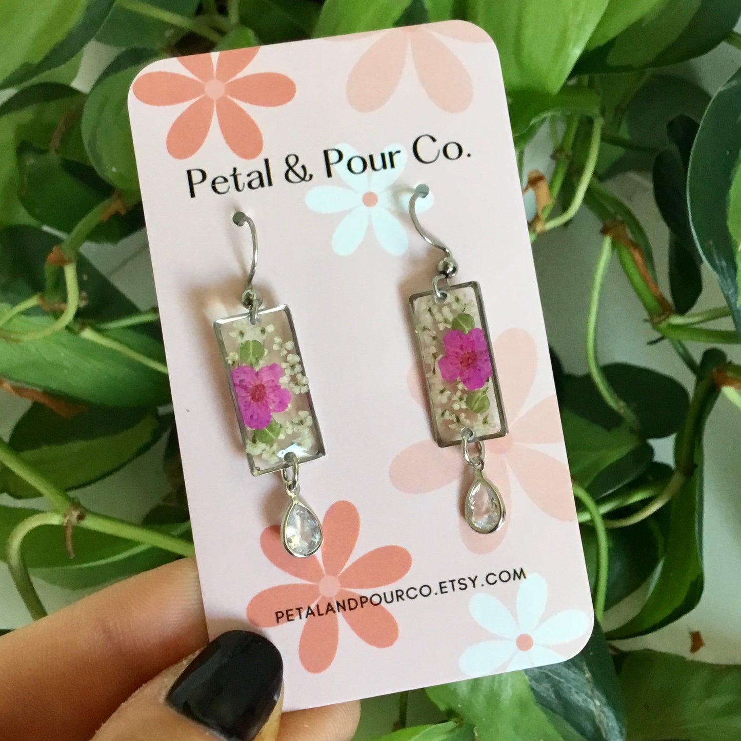 Real Flower Rectangle Earring