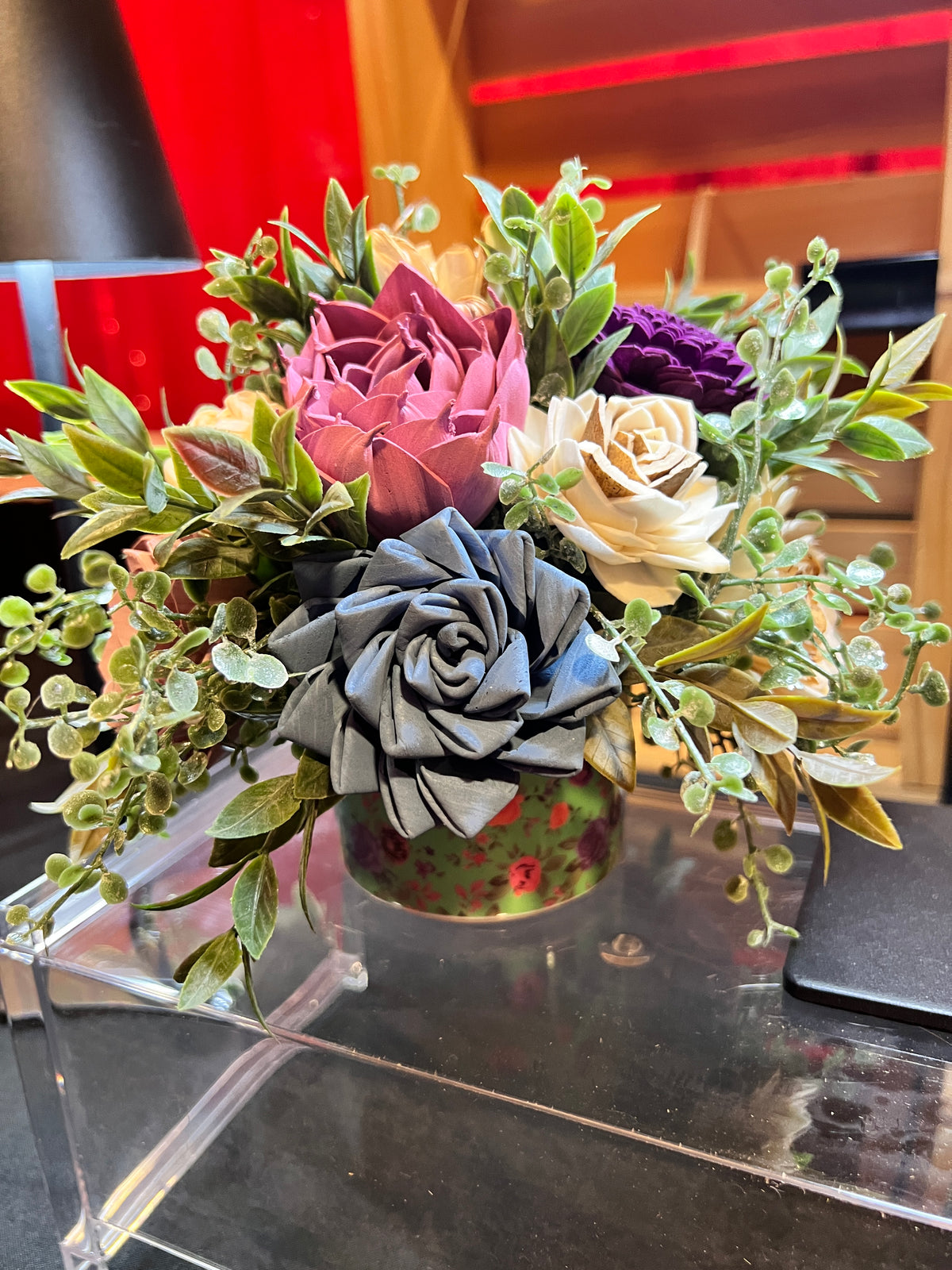 Sola wood flowers in floral ceramic container