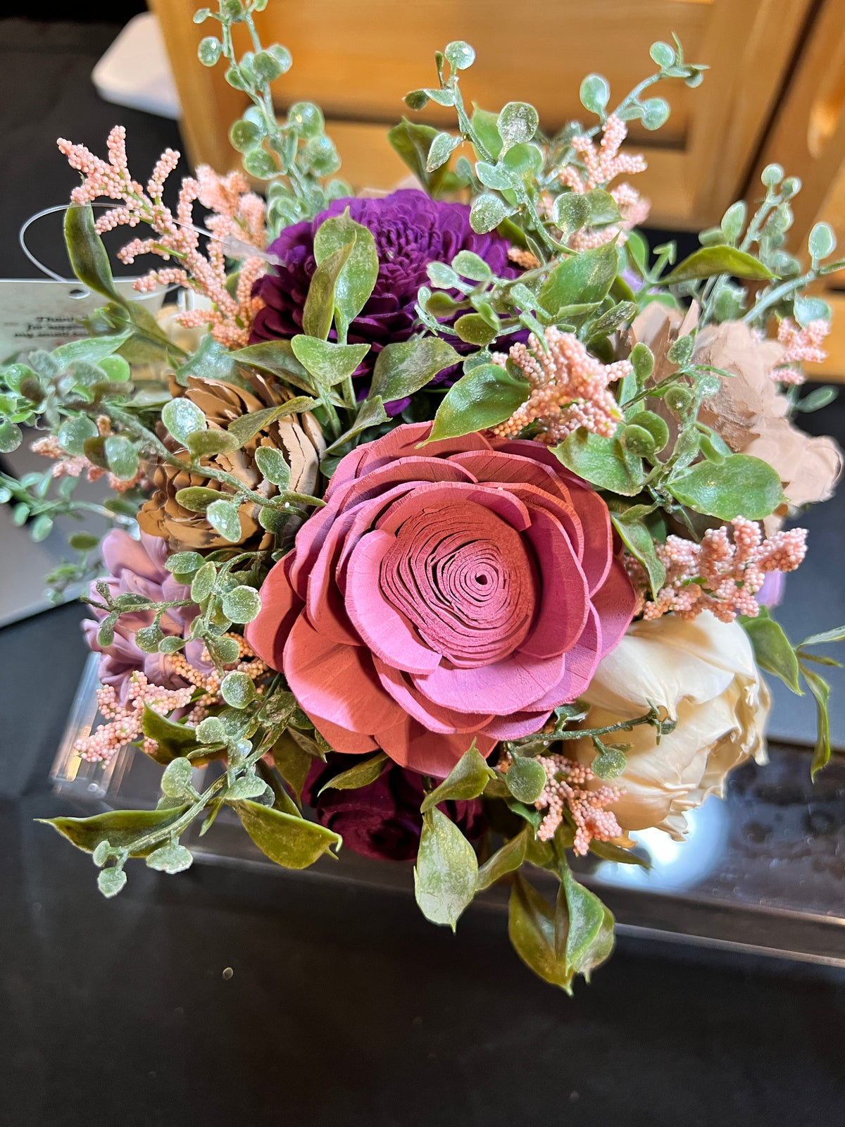 Sola wood flowers in floral ceramic container
