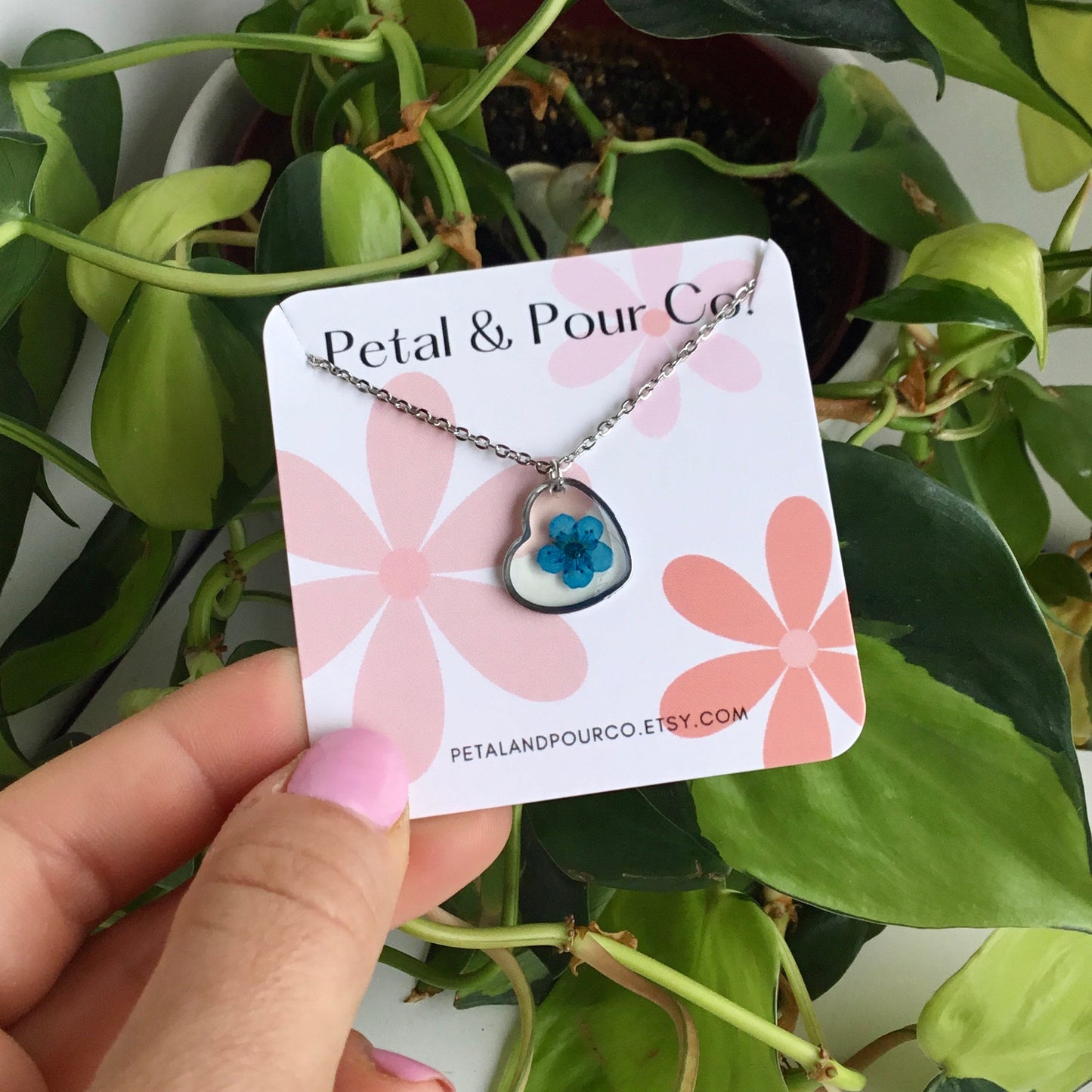 Real Flower Heart Necklace (Silver)