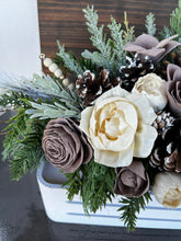 Very large holiday arrangement Sola Wood flowers and rustic greenery arranged in reclaimed bread bowl